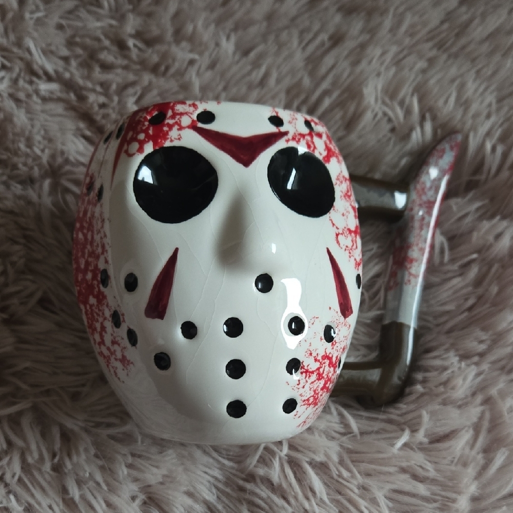 24 Oz Friday The 14th Hockey Mask Ceramic Mug with Red and Black Accents